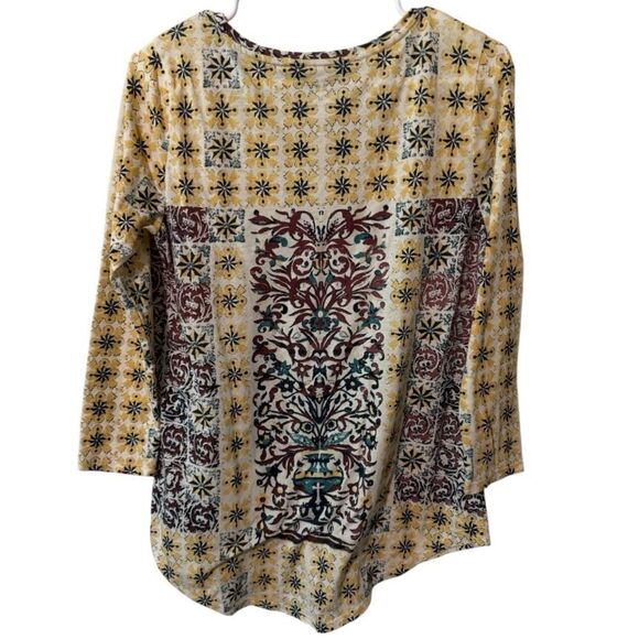 🌹Lucky Brand Cream and Brown Graphic 3/4 Sleeve Blouse - Picture 3 of 4